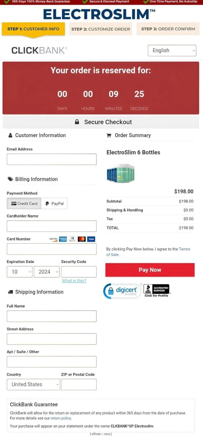 ElectroSlim secure checkout page with encrypted transactions